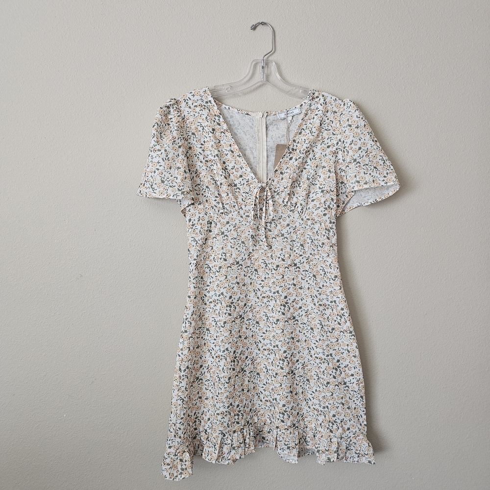 RIHOAS Cream Floral Tie-Front Mini Dress
